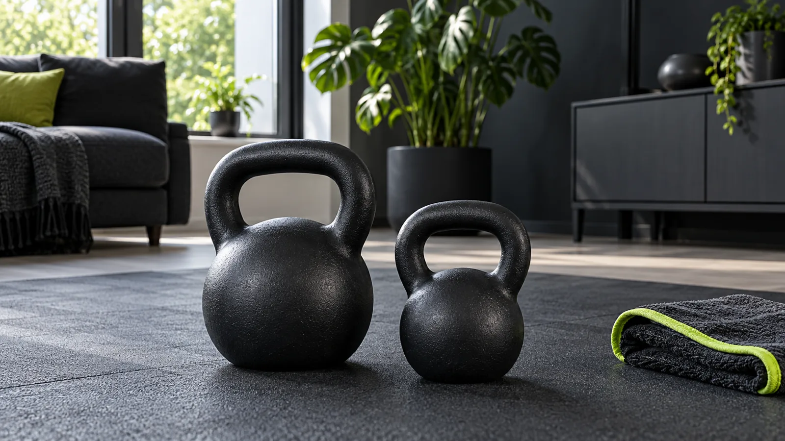 Twee zwarte kettlebells van verschillend formaat op een stabiele trainingsvloer in een woonkamer, naast een handdoek met limegroene rand