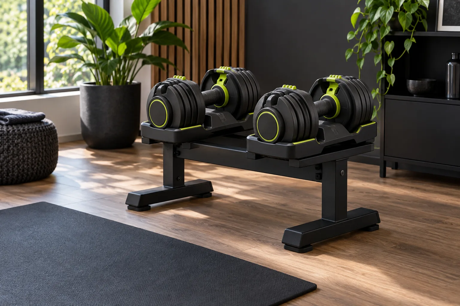 Twee donkere verstelbare dumbbells met limegroene accenten in houders op een stevig rek naast een fitnessmat in de woonkamer